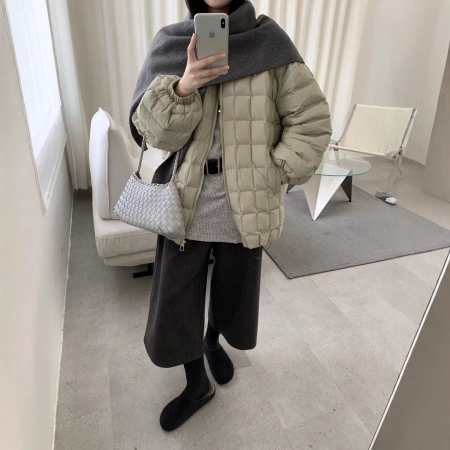 A new 2025 winter Korean-style lantern-sleeved checkered down jacket for women, featuring a unique and lightweight design A new 2025 winter Korean-style lantern-sleeved checkered down jacket for women, featuring a unique and lightweight design